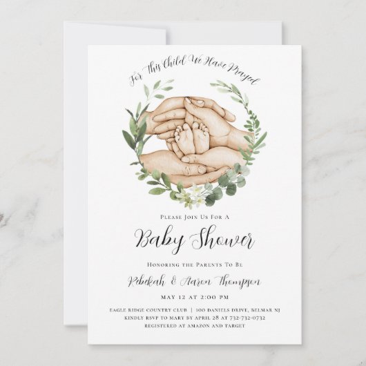 この子のために私たちは赤ちゃん祈シャワー招待状を持っている 招待状 (正面)