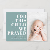 この子のために私たち祈ティール(緑がかった色)ブルーフォト誕生 案内状 (正面)