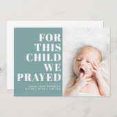 この子のために私たち祈ティール(緑がかった色)ブルーフォト誕生 案内状 (正面/裏面)