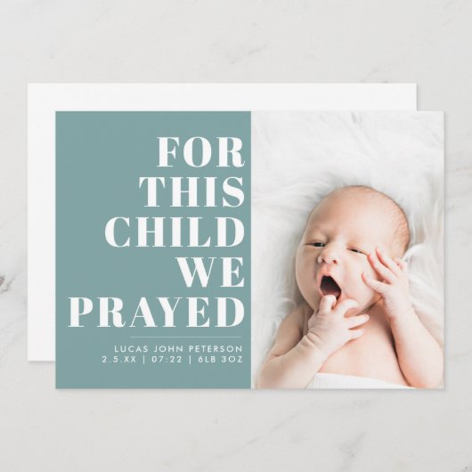 この子のために私たち祈ティール(緑がかった色)ブルーフォト誕生 案内状 (正面/裏面)