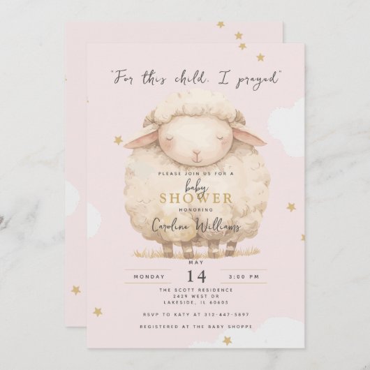 この子のために私は宗教的なピ祈ンクのラムの女の子 招待状 (正面/裏面)