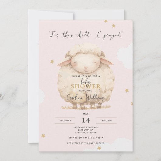 この子のために私は宗教的なピ祈ンクのラムの女の子 招待状 (正面)