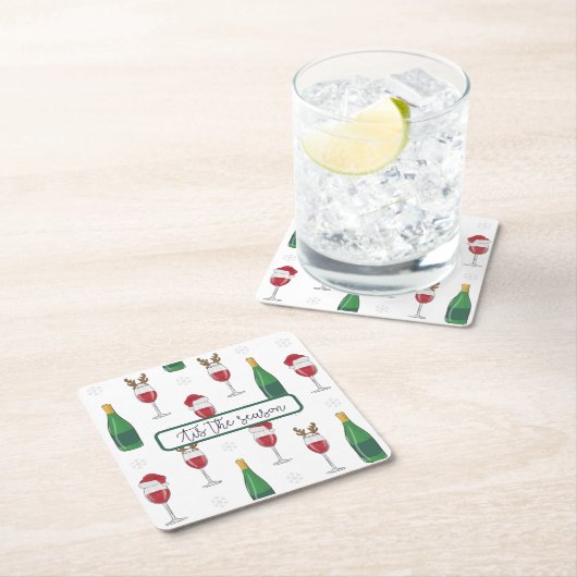 この季節のクリスマスサンタトナカイのワイン雪 スクエアペーパーコースター (インサイチュ)