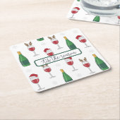 この季節のクリスマスサンタトナカイのワイン雪 スクエアペーパーコースター (アングル)