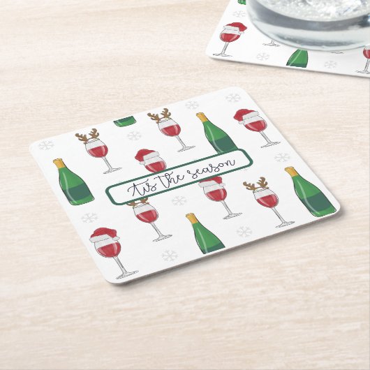 この季節のクリスマスサンタトナカイのワイン雪 スクエアペーパーコースター (アングル)