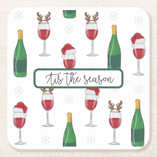 この季節のクリスマスサンタトナカイのワイン雪 スクエアペーパーコースター (正面)