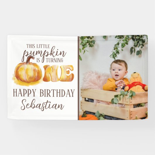 この小さなカボチャの写真 1歳の誕生日パーティー 横断幕 (横)