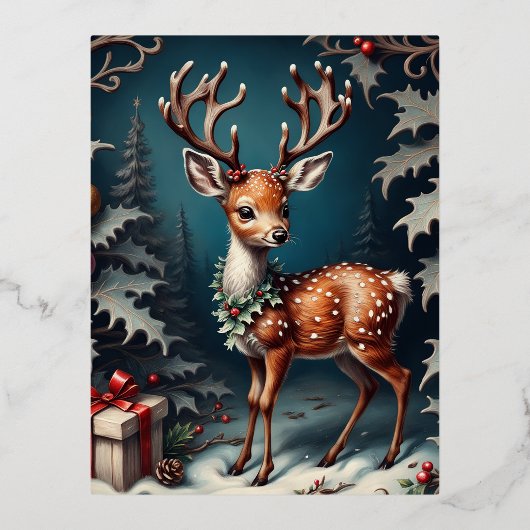 この小さな鹿は可愛くてフェスティバル!私は愛する 箔シーズンポストカード (正面)