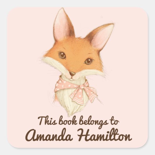 この本はピンクの弓の可愛いキツネに属点々のあるする スクエアシール (正面)