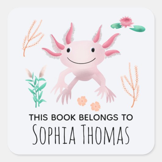 'この本は属する'ピンクのAxolotlキッズ蔵書票 スクエアシール (正面)