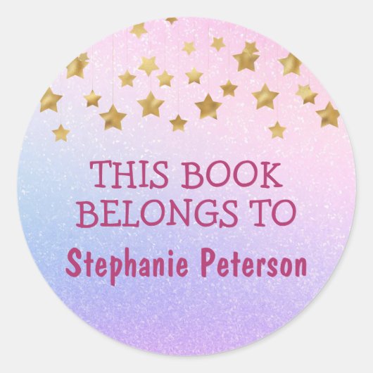 この本は属する – ピンクのグリッター金ゴールド星 ラウンドシール (正面)