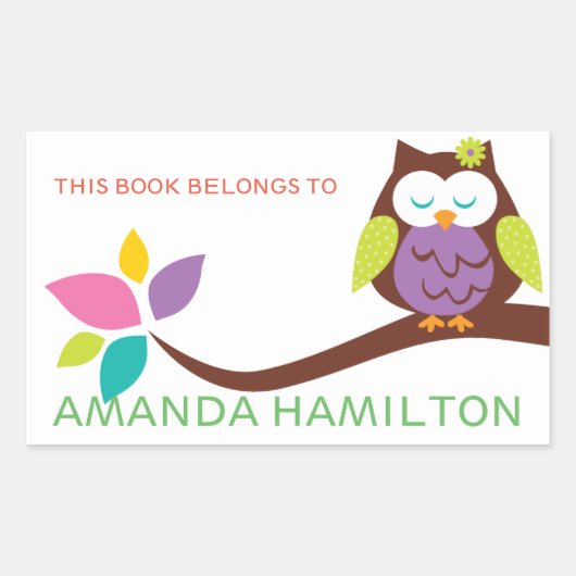 この本は枝の上のピンクのかわいいフクロウに属している 長方形シール (正面)