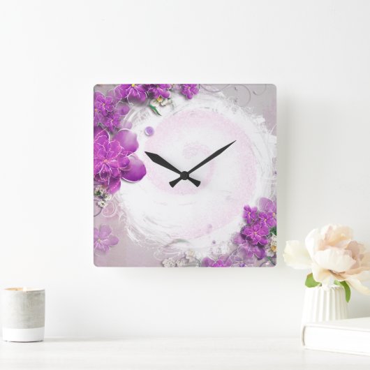 この紫のフローラをカスタマイズ スクエア壁時計 (ホーム)