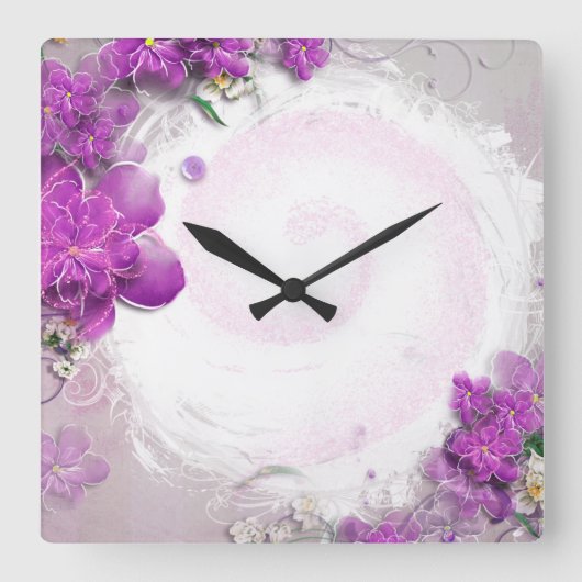 この紫のフローラをカスタマイズ スクエア壁時計 (正面)