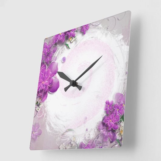 この紫のフローラをカスタマイズ スクエア壁時計 (傾斜)