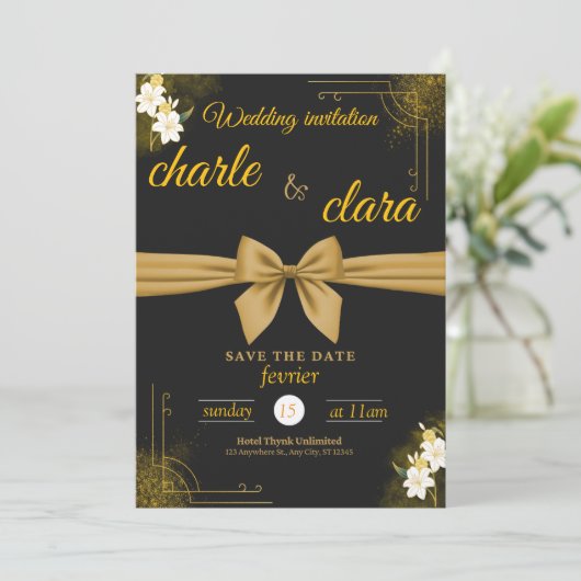 この結婚式招待状デザインと黒と金ゴールド 招待状 (スタンド正面)