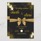 この結婚式招待状デザインと黒と金ゴールド 招待状 (正面/裏面)