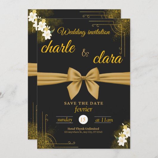 この結婚式招待状デザインと黒と金ゴールド 招待状 (正面/裏面)