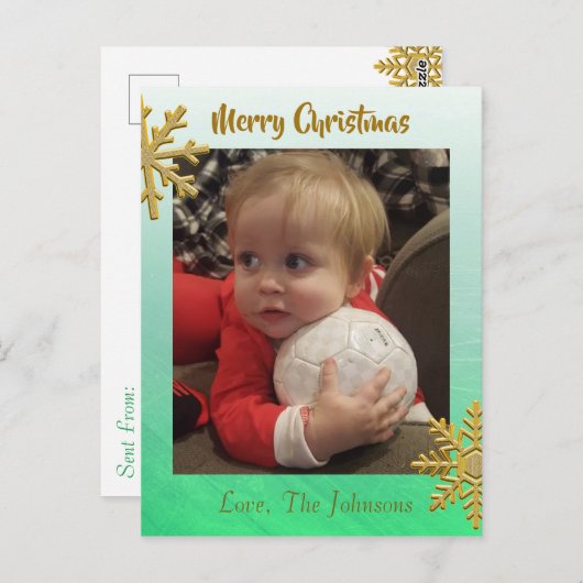 この緑のスノーフレークのクリスマスカードに写真を追加 ポストカード (正面/裏面)