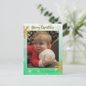 この緑のスノーフレークのクリスマスカードに写真を追加 ポストカード (スタンド正面)