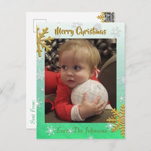 この緑のスノーフレークのクリスマスカードに写真を追加 ポストカード (正面/裏面)