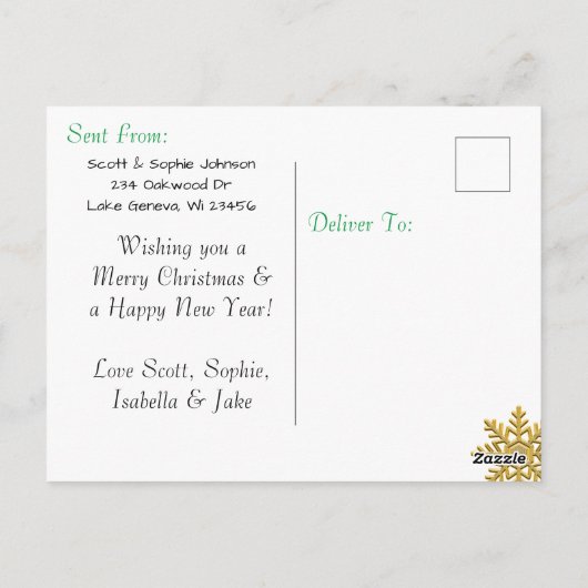 この緑のスノーフレークのクリスマスカードに写真を追加 ポストカード (裏面)