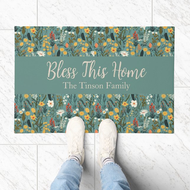"この賛美ホーム"フローラPersonalizable Doormat ドアマット ("Bless This Home" Floral Personalizable Doormat)