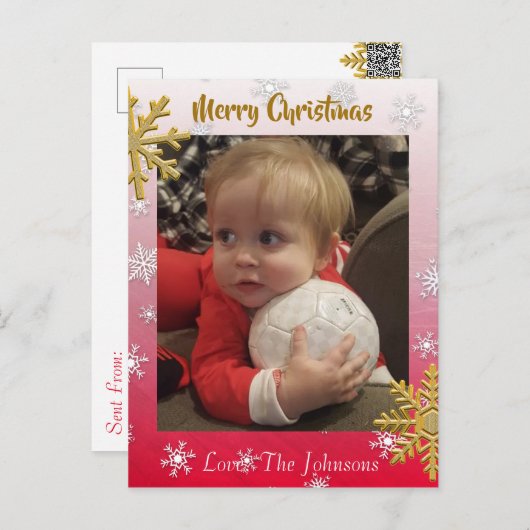 この赤い雪の結晶のクリスマスカードに写真を追加 ポストカード (正面/裏面)