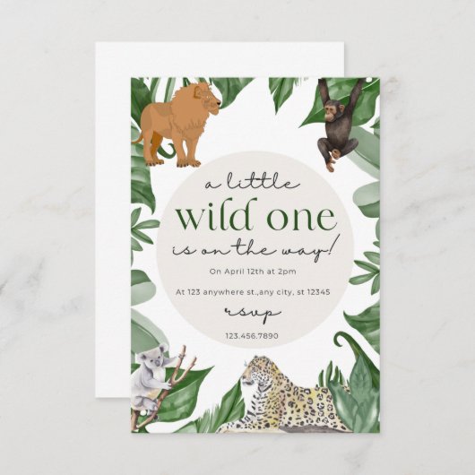 この赤ちゃんシャワーで野蛮なサファリの冒険を待つ 招待状 (正面/裏面)