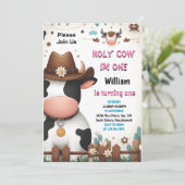 この農場かわいいフローラピンクの聖牛1歳の誕生日 招待状 (スタンド正面)