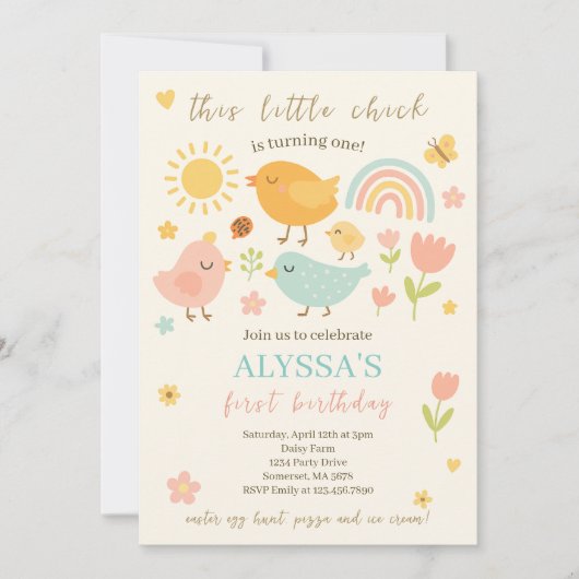 この雛は1つの春ファームを回している1歳の誕生日 招待状 (正面)