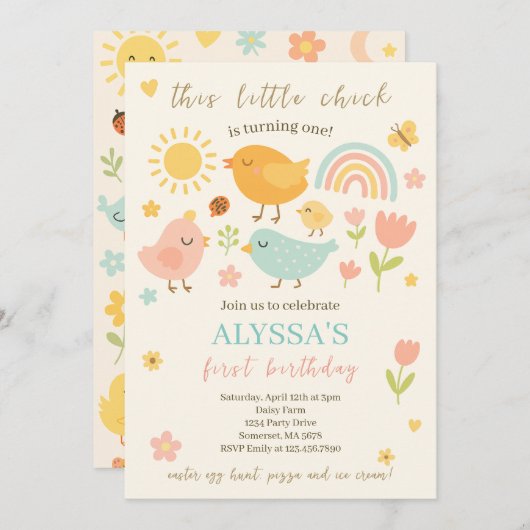 この雛は1つの春ファームを回している1歳の誕生日 招待状 (正面/裏面)
