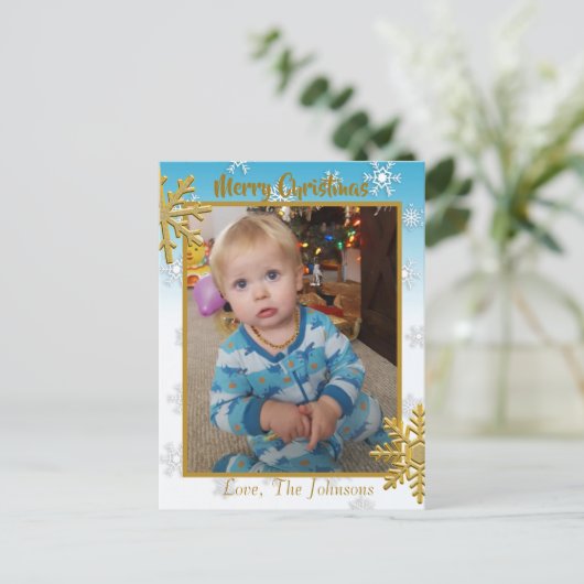 この青いクリスマスカードに写真を追加 ポストカード (スタンド正面)