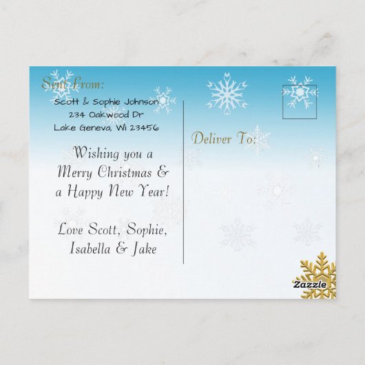 この青いクリスマスカードに写真を追加 ポストカード (裏面)