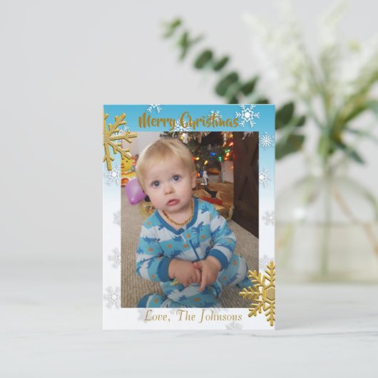 この青いクリスマスカードに写真を追加 ポストカード (スタンド正面)