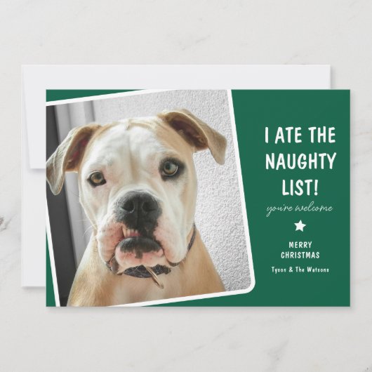 この面白いクリスマスカードで、ペットと一緒に誰かを笑顔にしましょう！「いたずらリストを食べちゃった」 シーズンカード (正面)