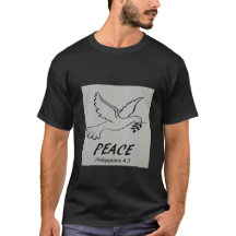 このTシャツには私たちのロゴである鳩と聖書の一節がプリントされています。