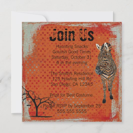 こはく色のシマウマ及びフクロウのハロウィンのばら色の招待状 招待状 (裏面)
