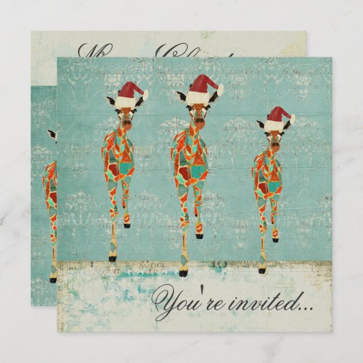 こはく色及び紺碧のキリンのクリスマスのパーティの招待状 招待状 (正面/裏面)