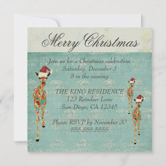 こはく色及び紺碧のキリンのクリスマスのパーティの招待状 招待状 (裏面)