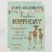 こはく色及び紺碧のキリンの誕生日の招待状 招待状 (正面/裏面)