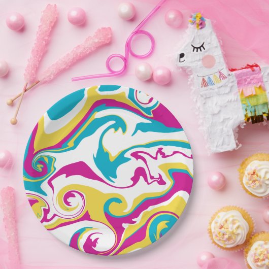 こぼれ – ターコイズ、黄、ピンク、白 ペーパープレート (パーティー)