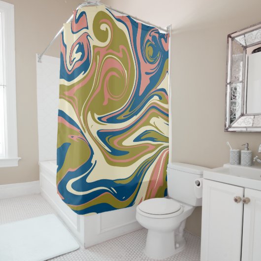 こぼれ – 青、オリーブグリーン、ピンクとクリーム シャワーカーテン (インサイチュ)