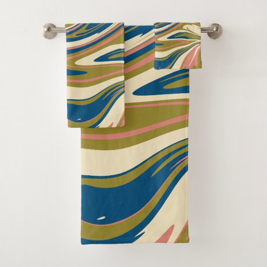 こぼれ – 青、オリーブグリーン、ピンクとクリーム バスタオルセット (インサイチュ)