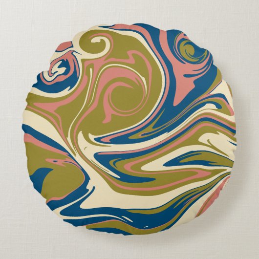 こぼれ – 青、オリーブグリーン、ピンクとクリーム ラウンドクッション (正面)