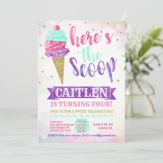 これがスクープのアイスクリーム金ゴールドグリッター誕生日 招待状 (スタンド正面)