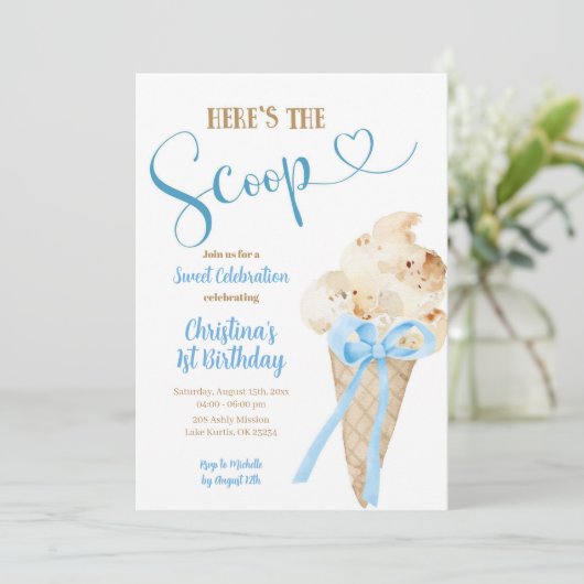これがスクープ青アイスクリームファースト誕生日 招待状 (スタンド正面)