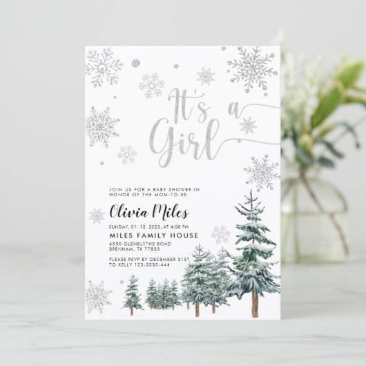 これは女の子の招待、銀の冬の赤ちゃんシャワー 招待状 (スタンド正面)
