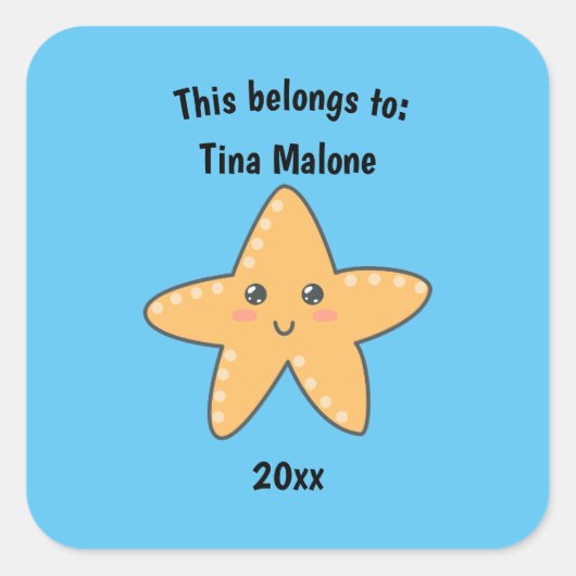 これは新学期かわいいヒトデの青 スクエアシール (正面)