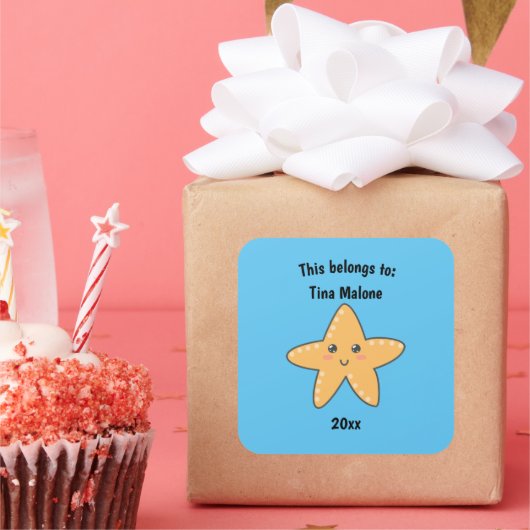 これは新学期かわいいヒトデの青 スクエアシール (パーティー)